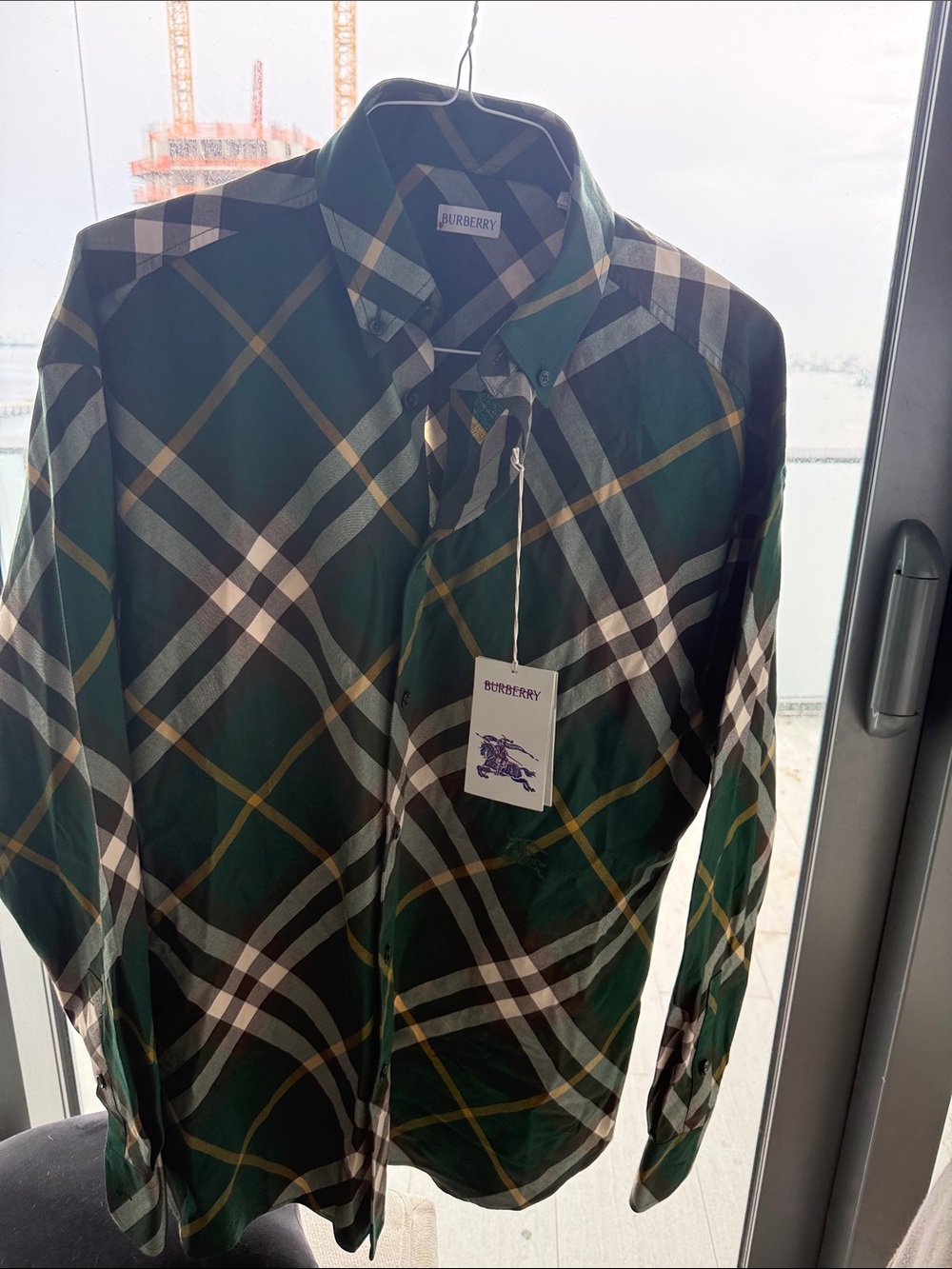 Burberry Green Plaid Button-Down Shirt with White and Yellow Accents